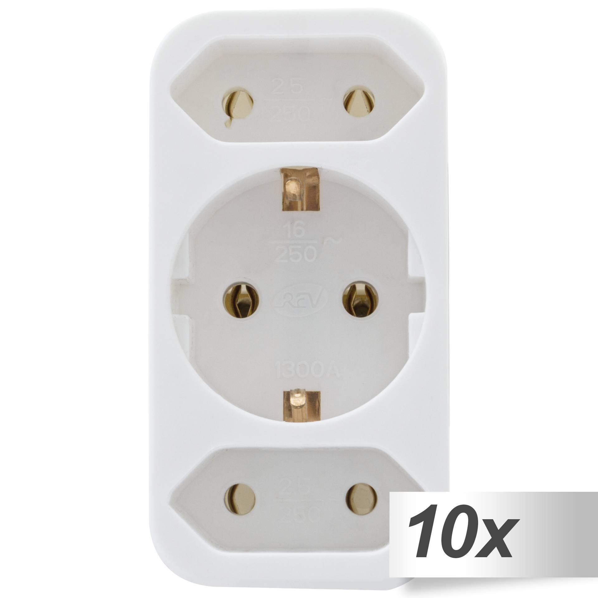 10xREV Übergangsstecker 2-fach + 1 Schutzkontakt weiss