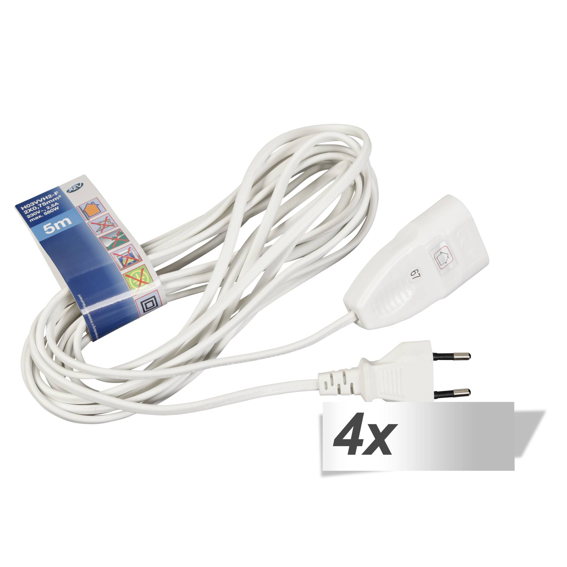 4x REV Eurostecker Verlängerung 5,0 m weiß